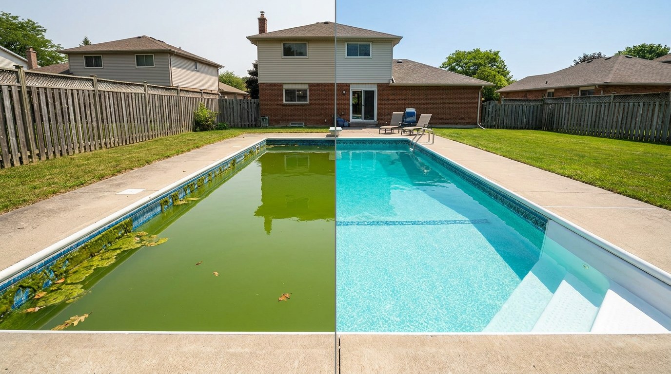 Green pool algae cleanup before and after in Kettering Ohio Montgomery County Dayton area weekly pool cleaning service