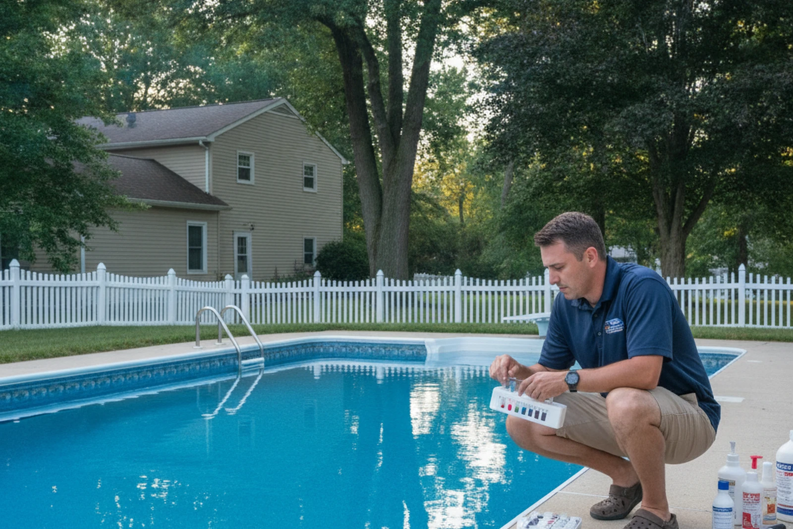 Pool cleaning service technician testing water chemistry Kettering Ohio Montgomery County Dayton area residential Tony