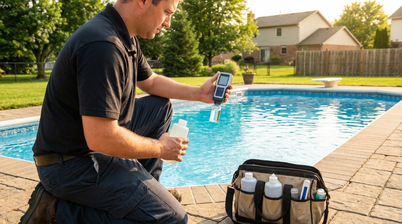 Pool water chemistry testing at a residential pool in Kettering Ohio Montgomery County Dayton area professional service